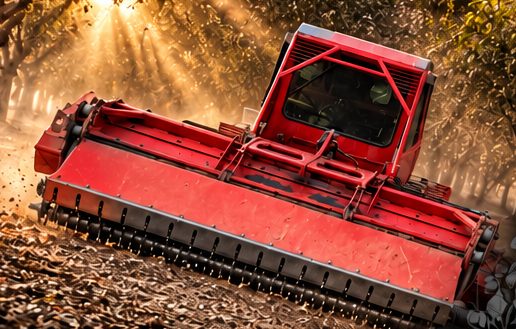Red orchard shredder working an orchard floor